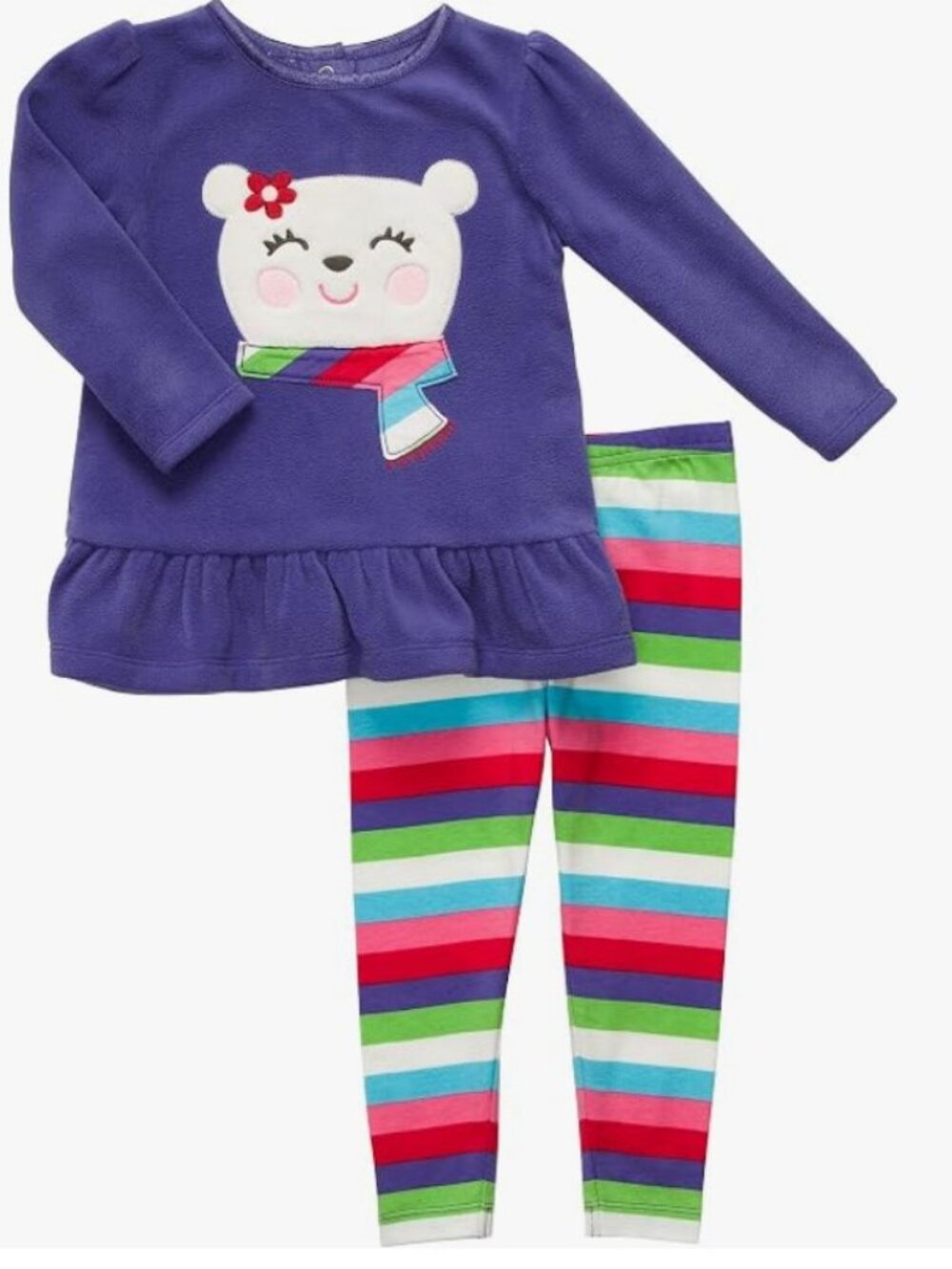 Smiley Bear Fleece Pant Set Girls 2 pc Top Warm Legging Outfit Bottom